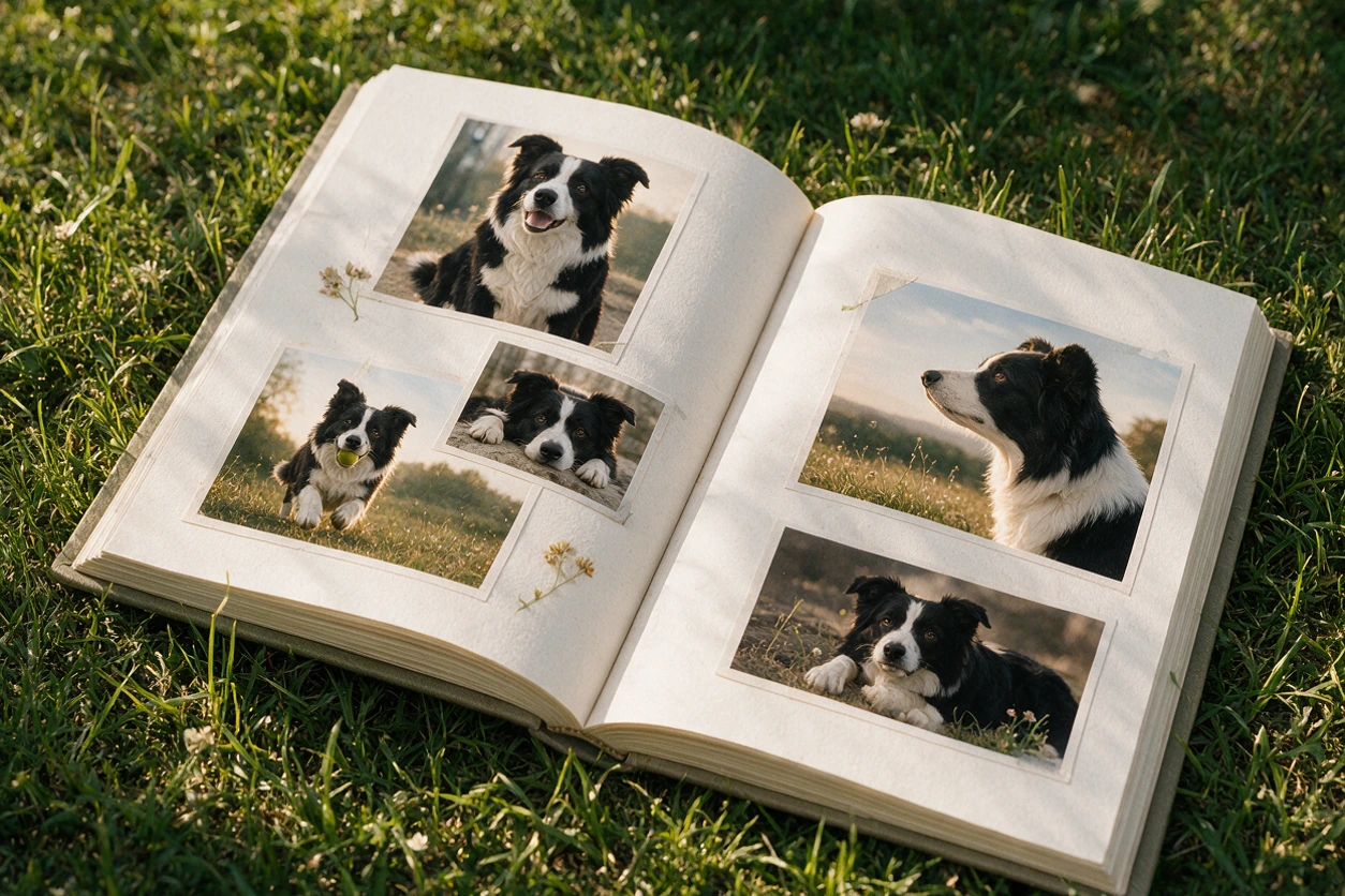 An illustrated pet photo album open on a warm tabletop